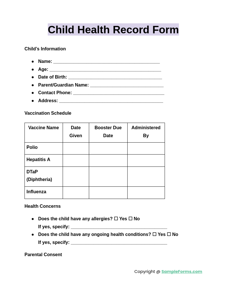 child health record form