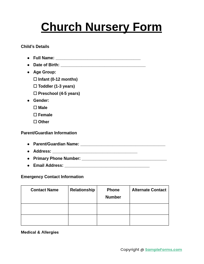 church nursery form