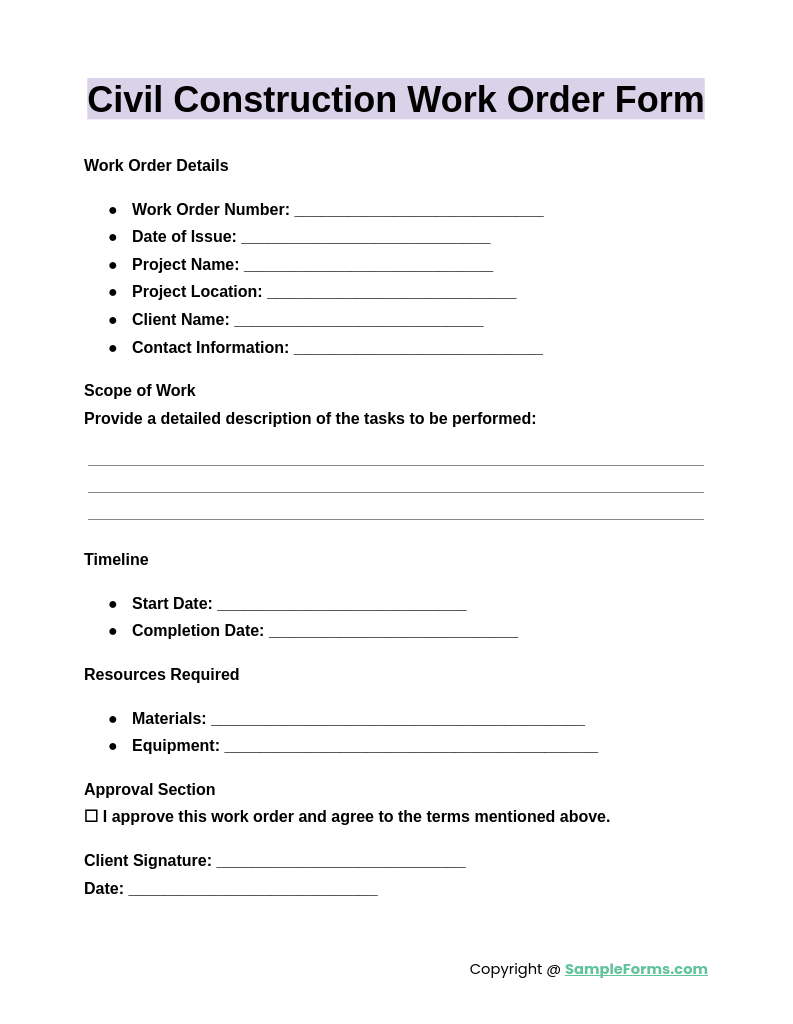 civil construction work order form