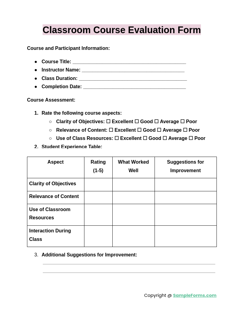 classroom course evaluation form