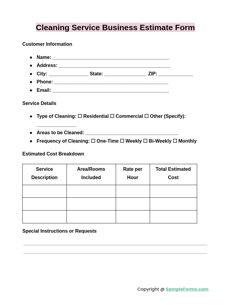 cleaning service business estimate form