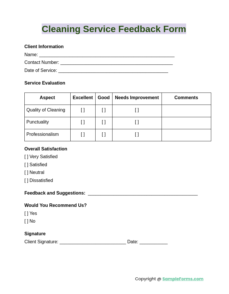 cleaning service feedback form