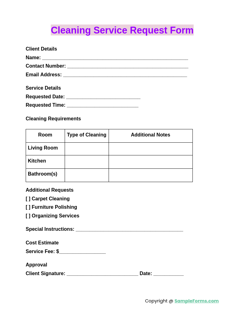 cleaning service request form