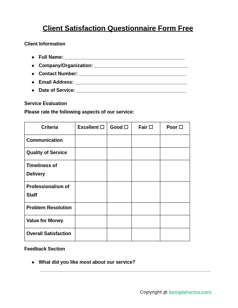 client satisfaction questionnaire form free