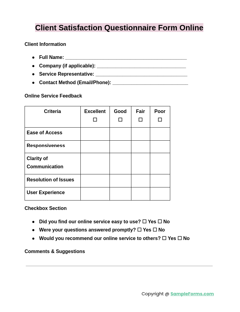 client satisfaction questionnaire form online