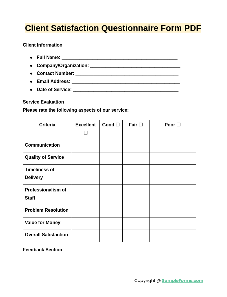 client satisfaction questionnaire form pdf