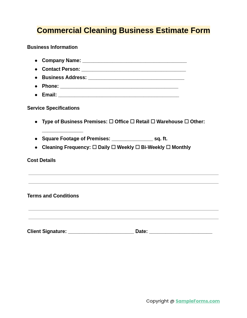 commercial cleaning business estimate form