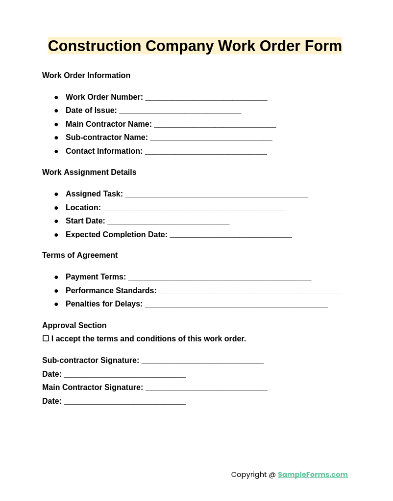 construction company work order form