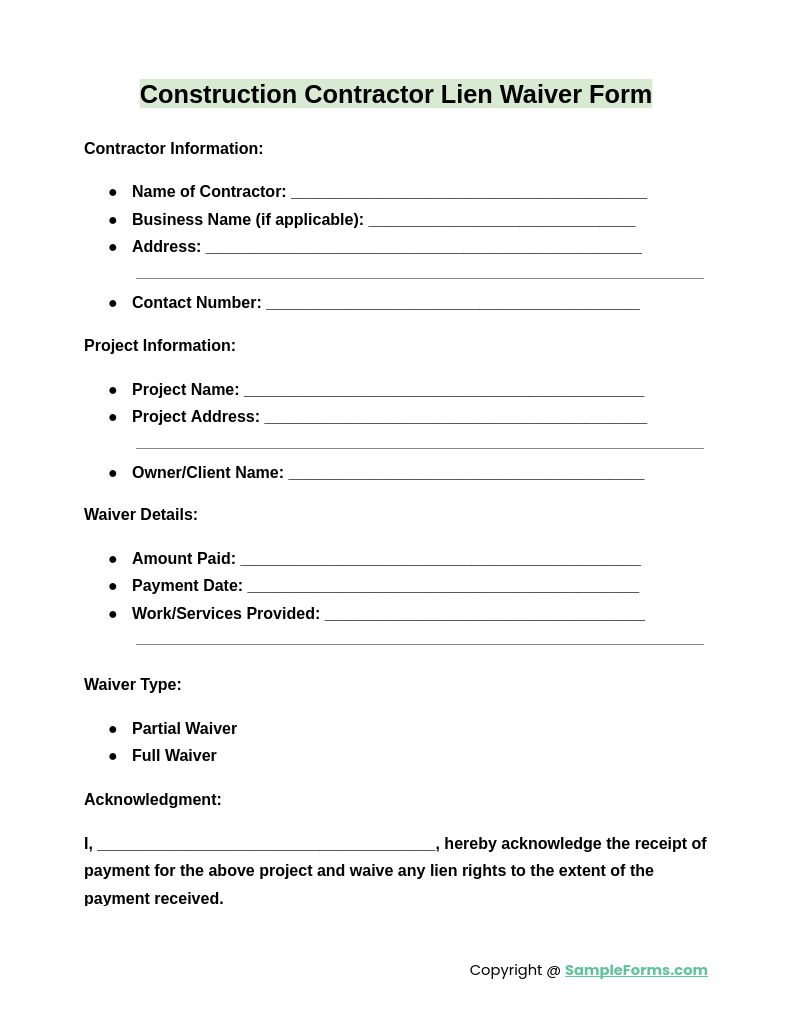 construction contractor lien waiver form