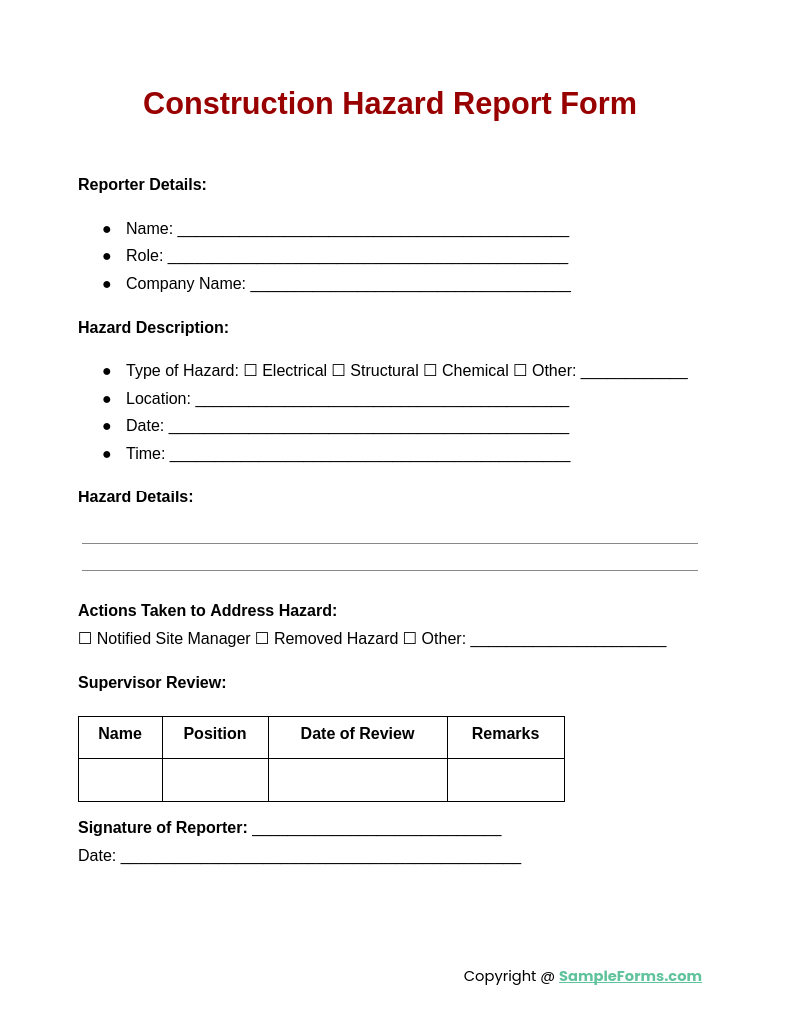 construction hazard report form