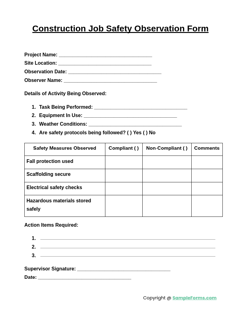 construction job safety observation form