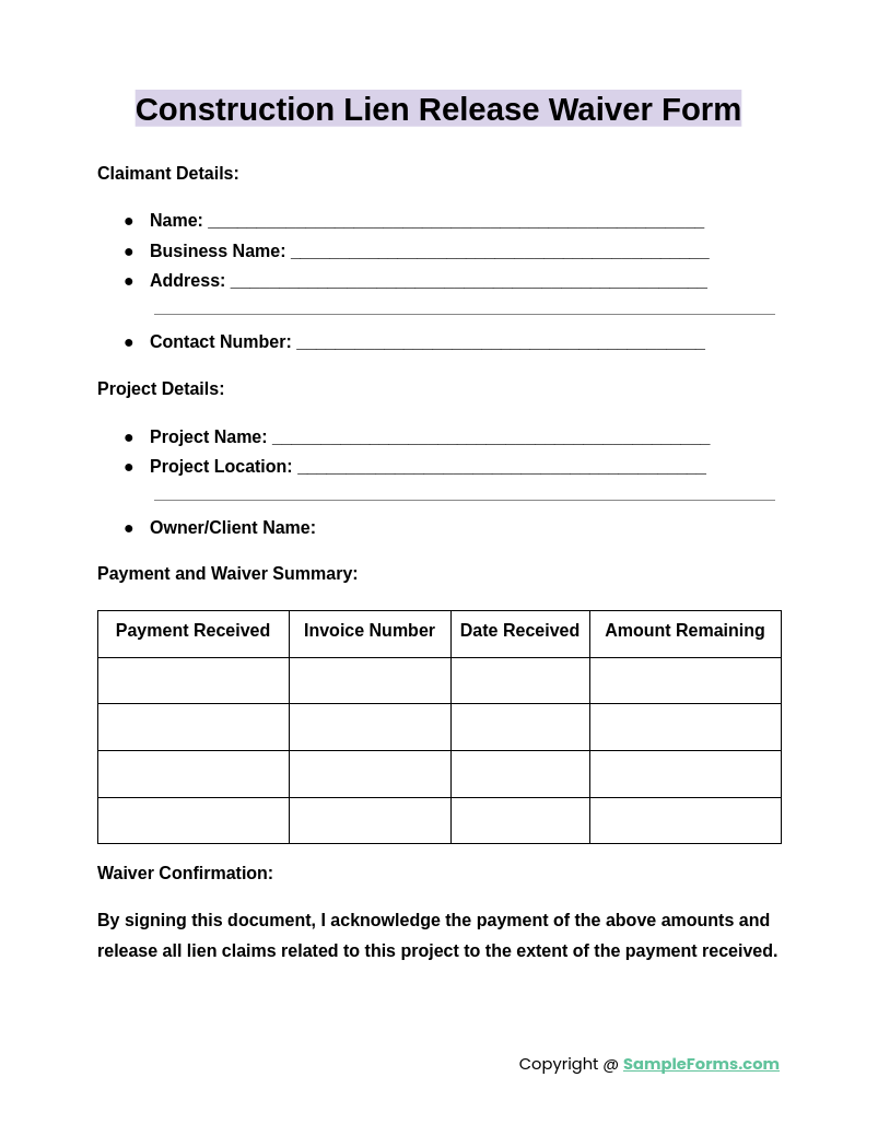 construction lien release waiver form