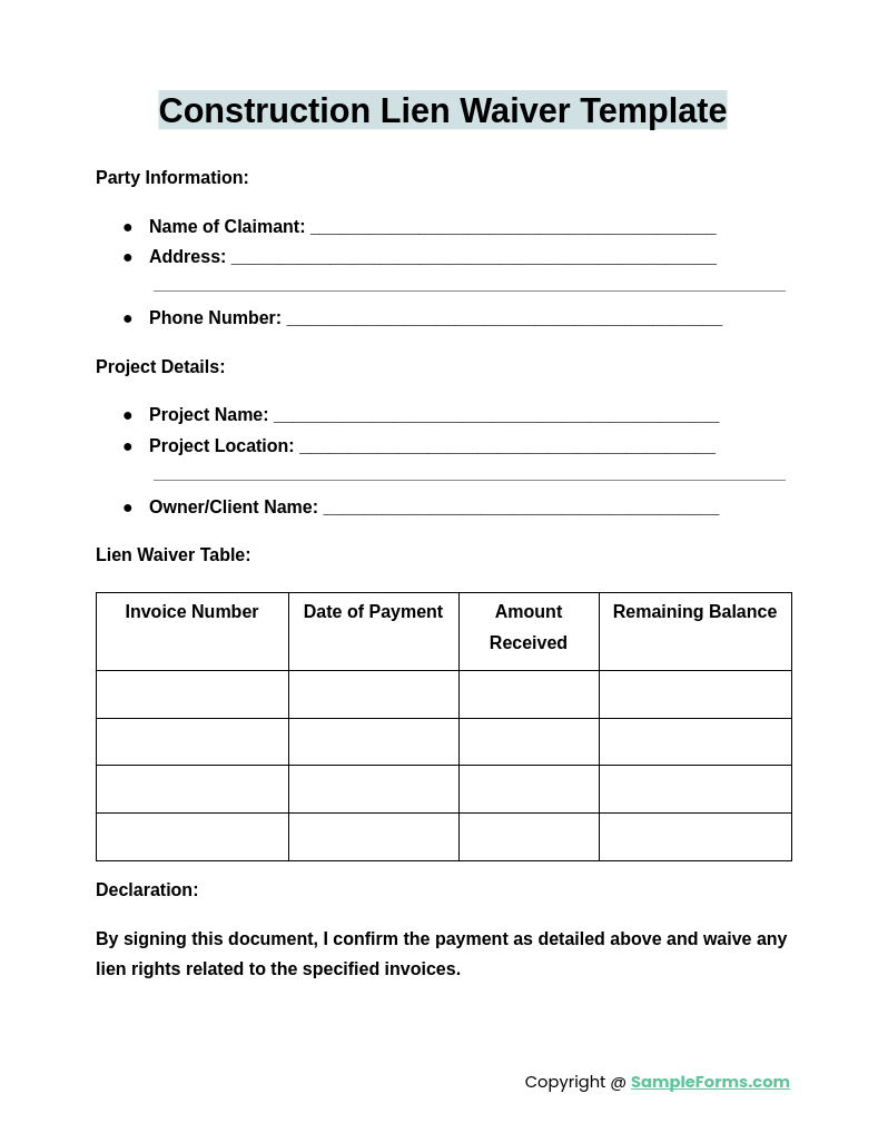 construction lien waiver template