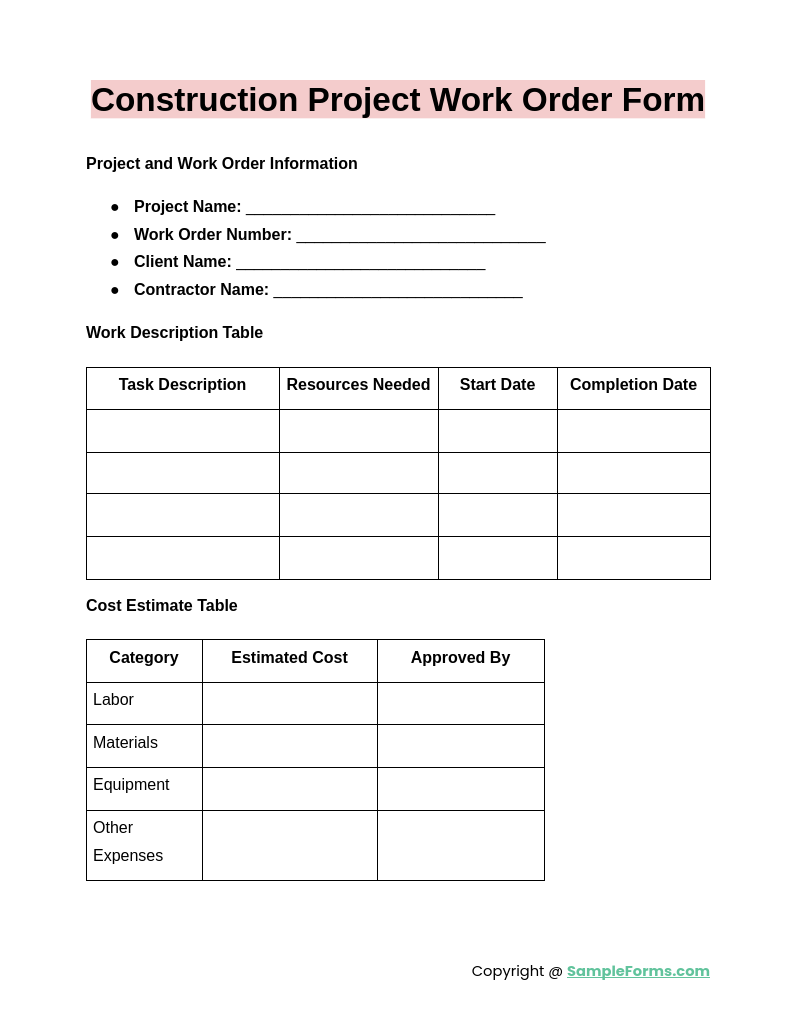 construction project work order form