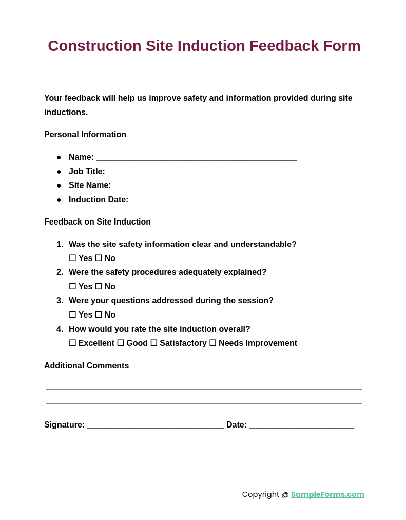 construction site induction feedback form