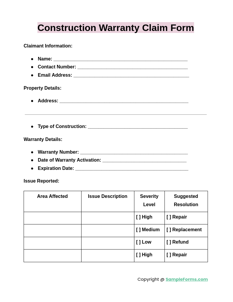 construction warranty claim form