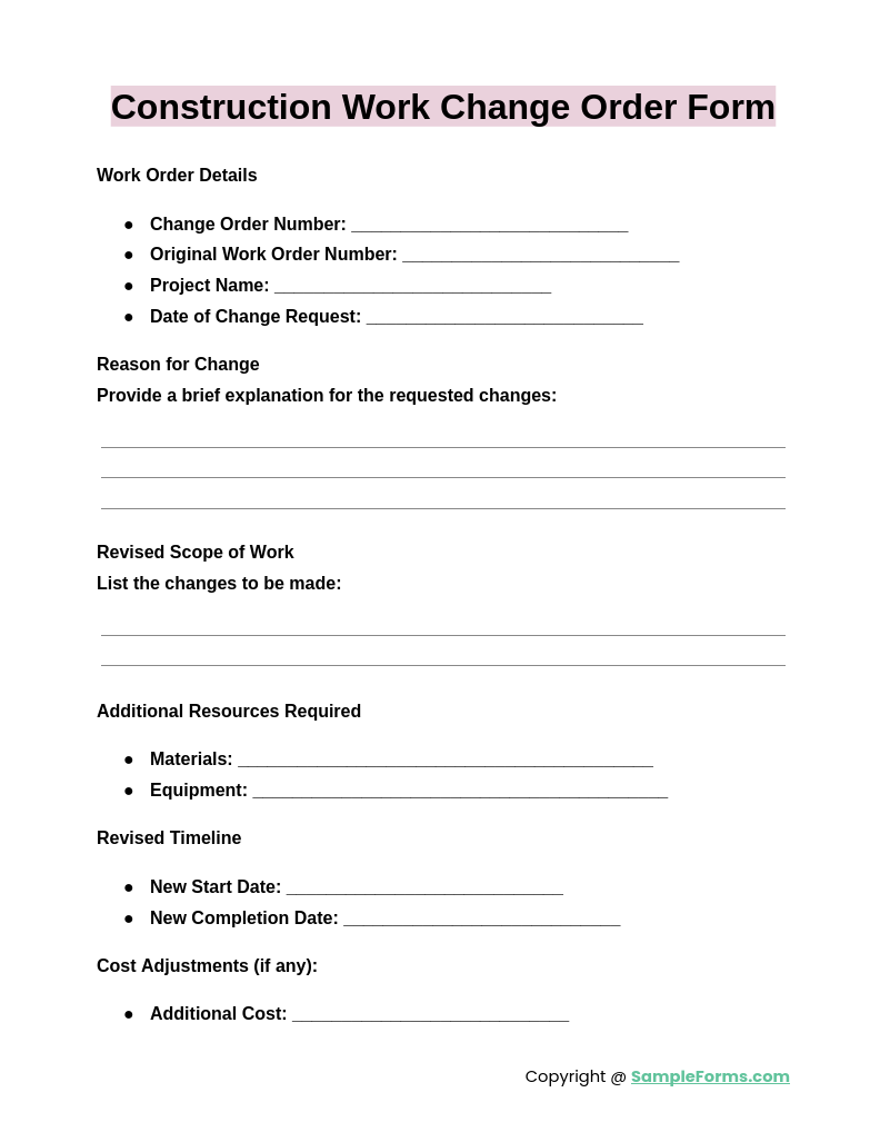 construction work change order form