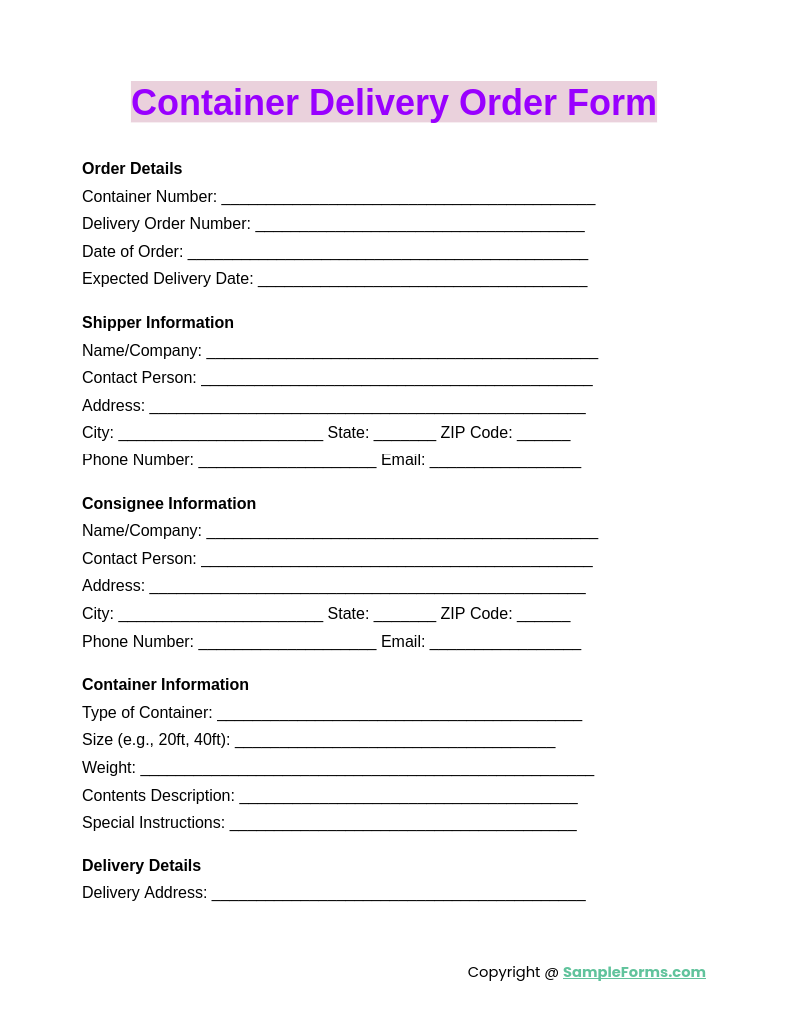 container delivery order form