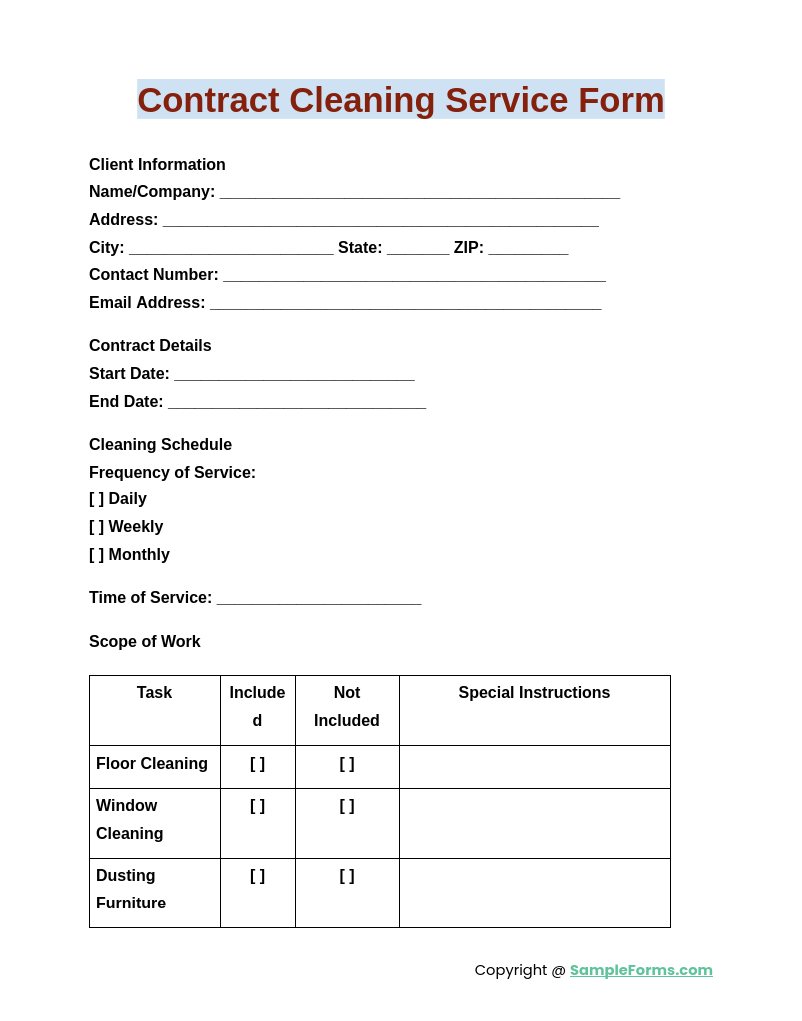 contract cleaning service form