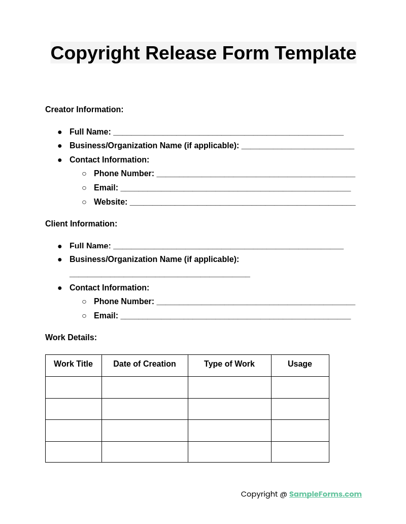 copyright release form template