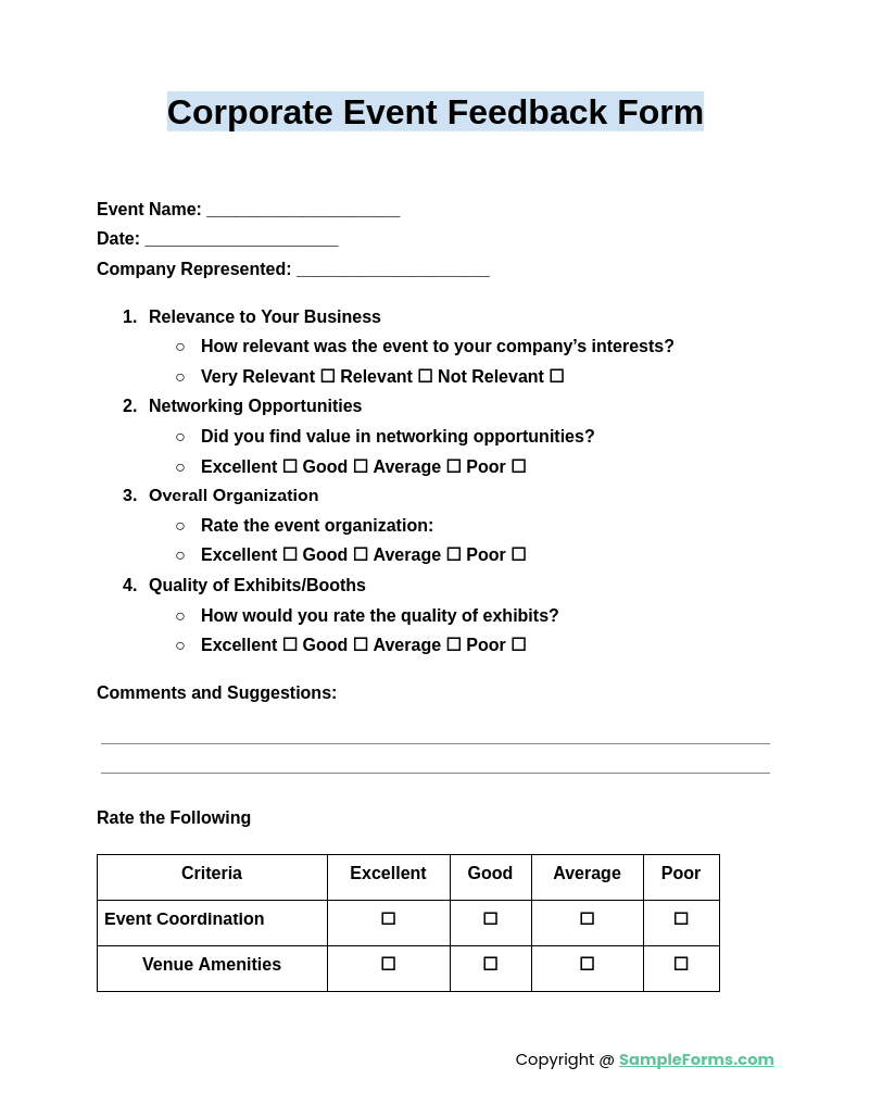 corporate event feedback form