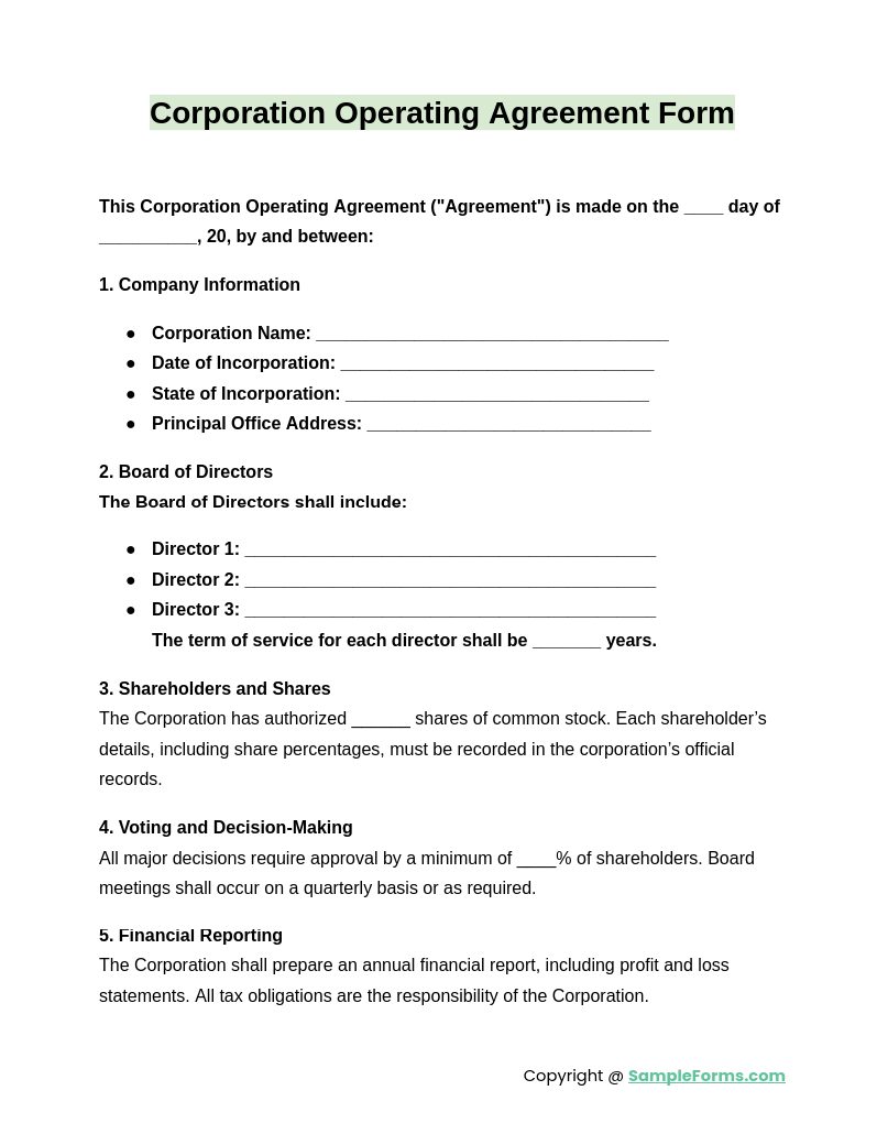 corporation operating agreement form