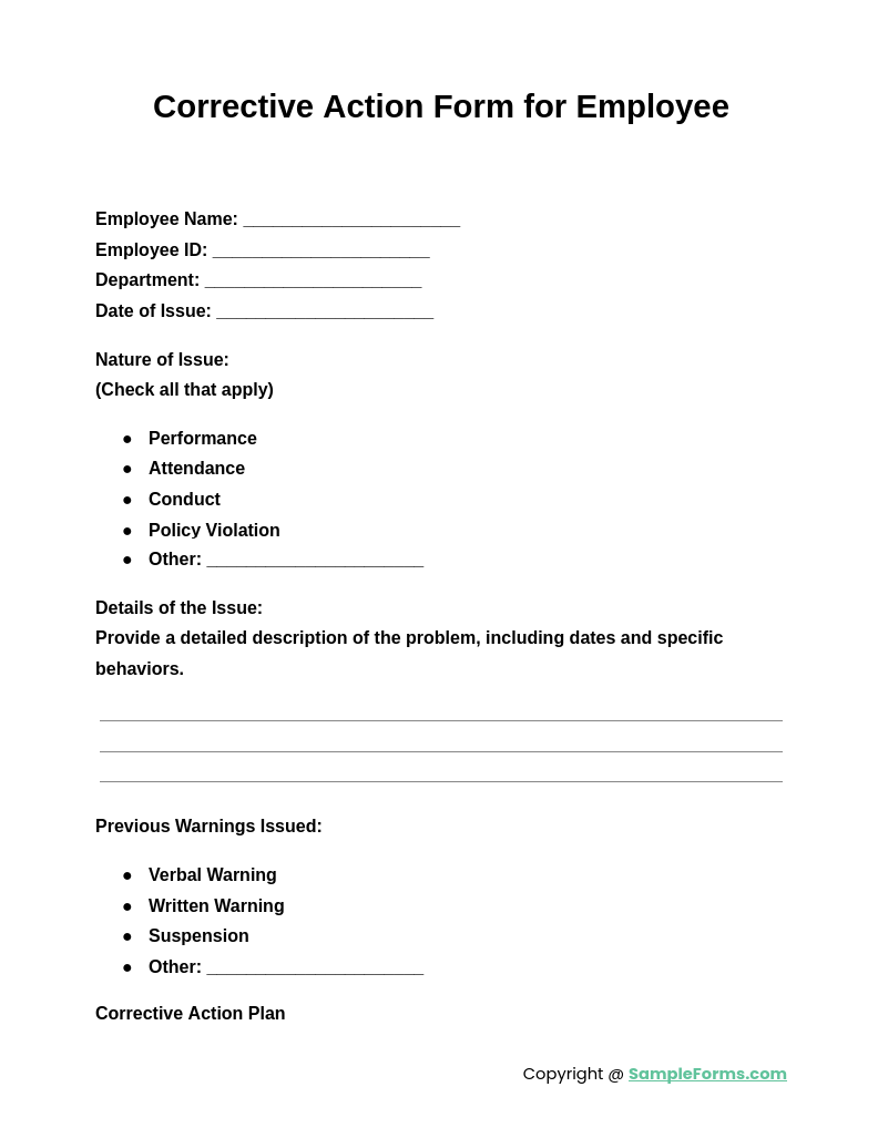 corrective action form for employee