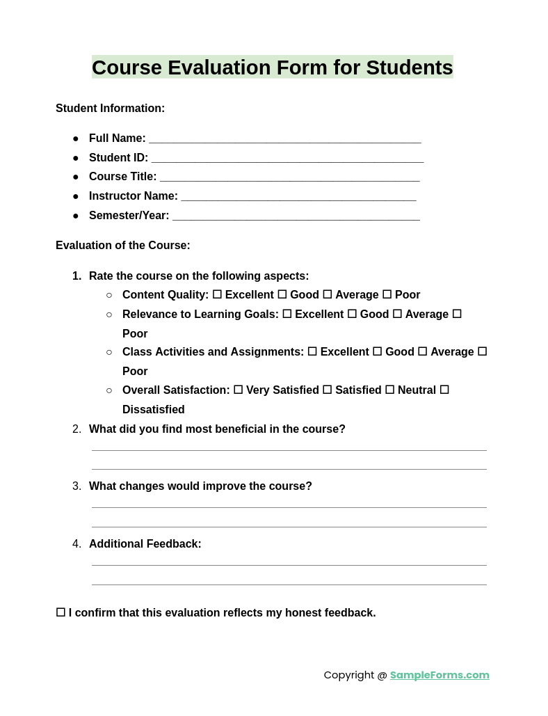 course evaluation form for students