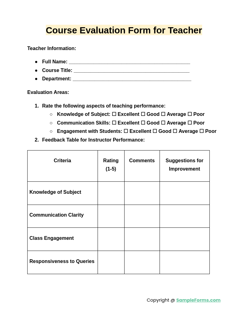 course evaluation form for teacher