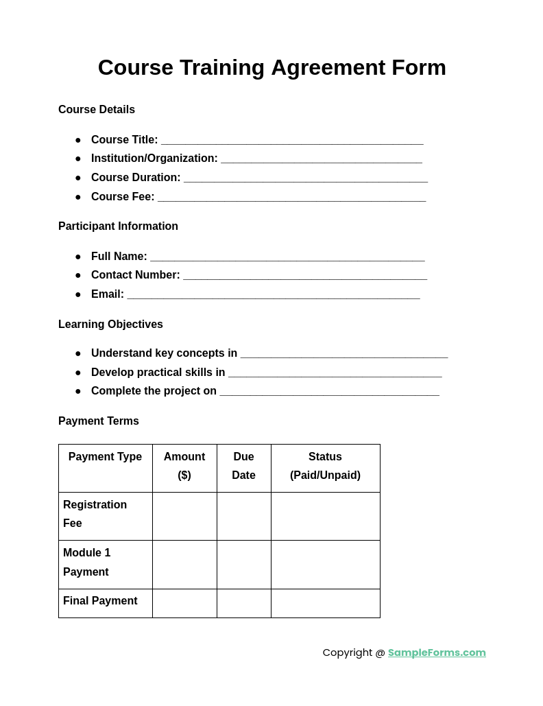 course training agreement form