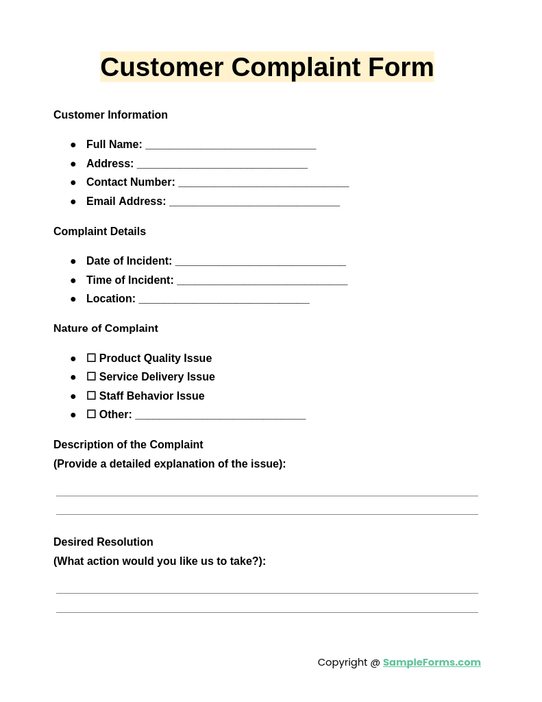 customer complaint form