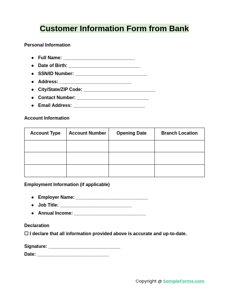 customer information form from bank