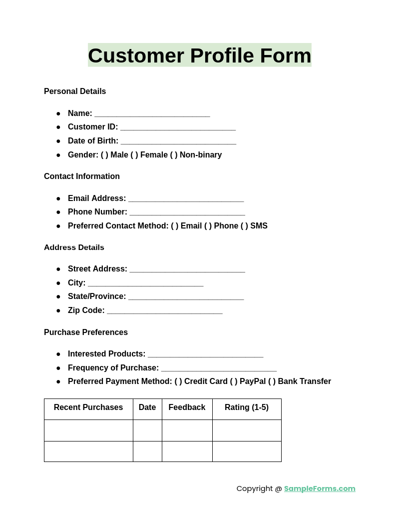 customer profile form