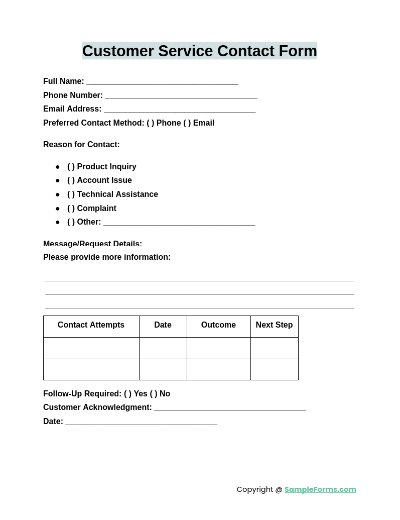 customer service contact form