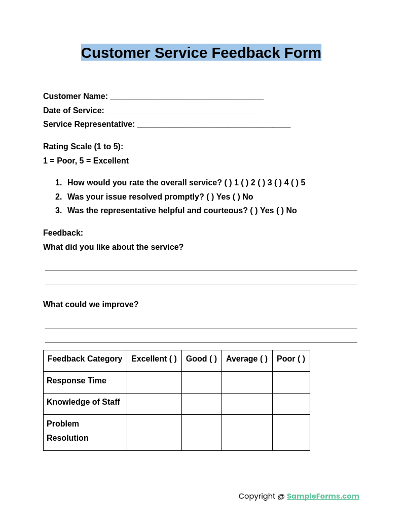 customer service feedback form