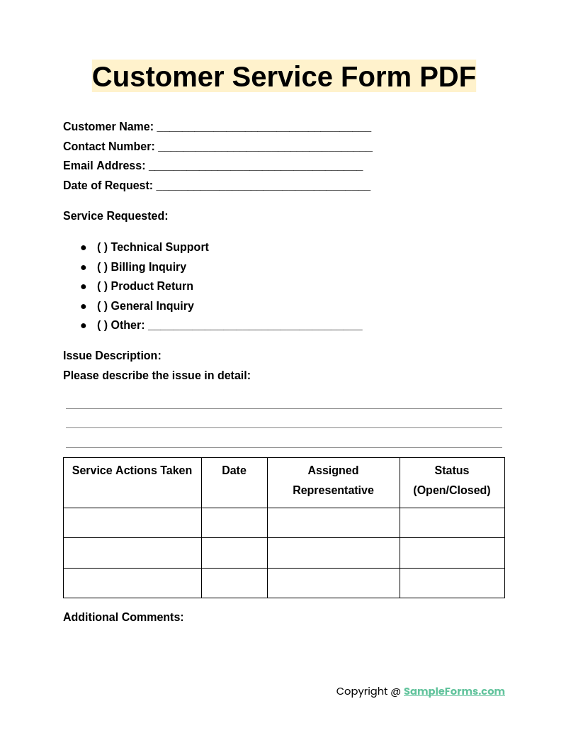 customer service form pdf