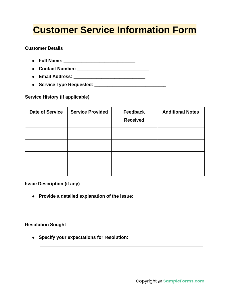 customer service information form