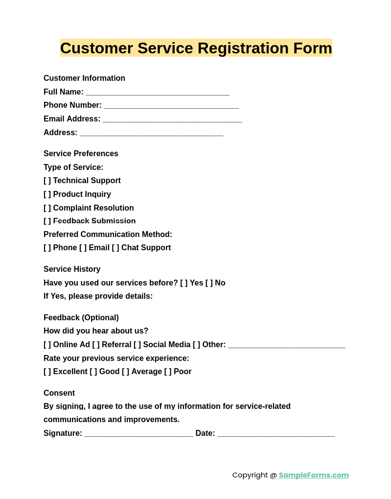 customer service registration form