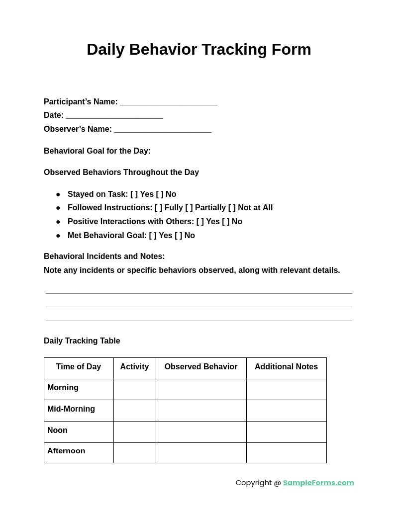 daily behavior tracking form 