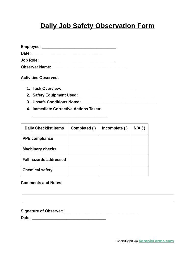 daily job safety observation form