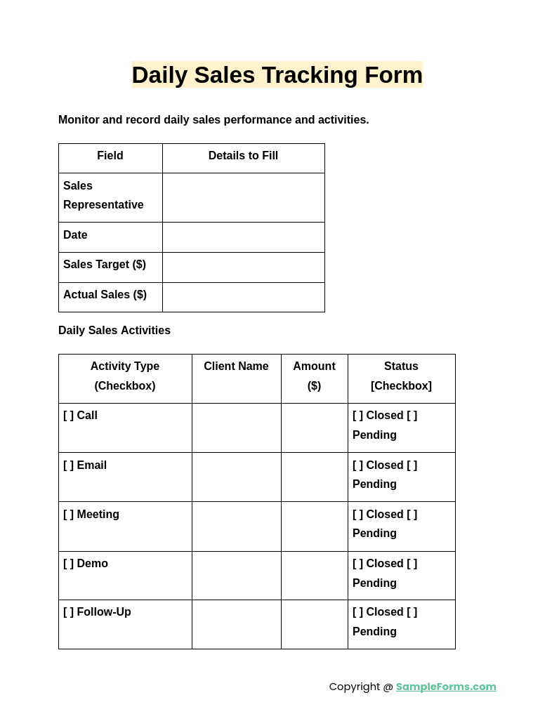 daily sales tracking form