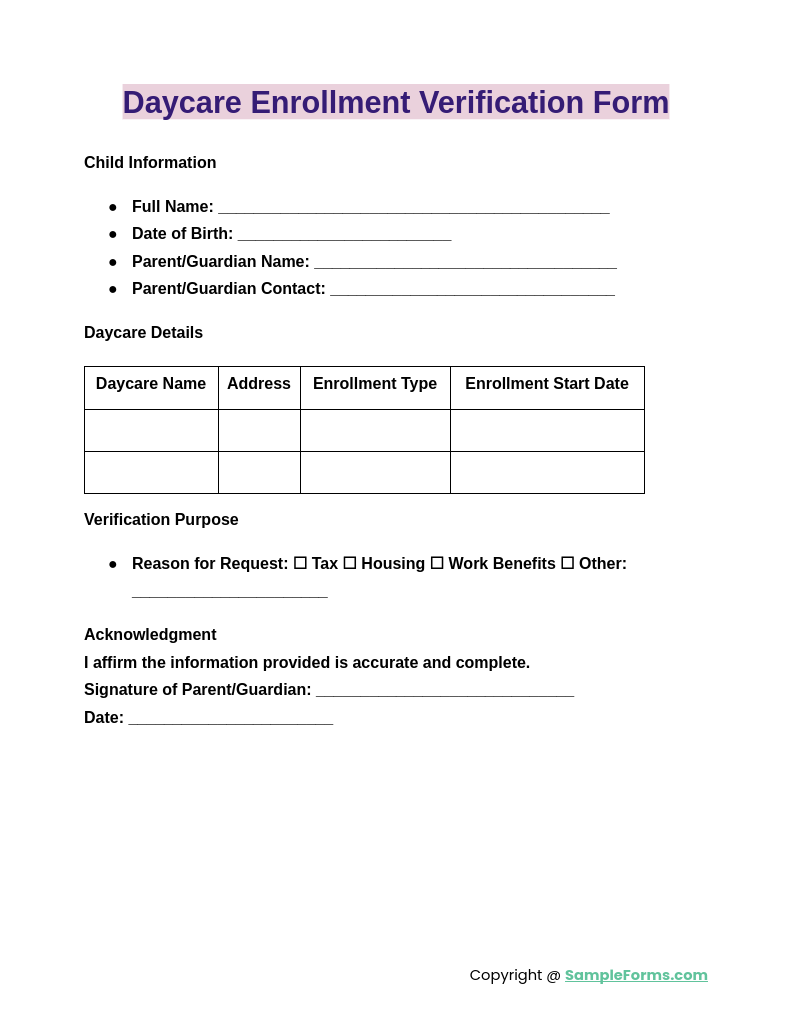 daycare enrollment verification form