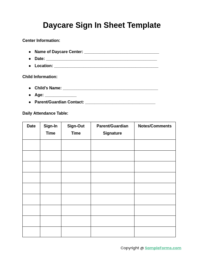 daycare sign in sheet template