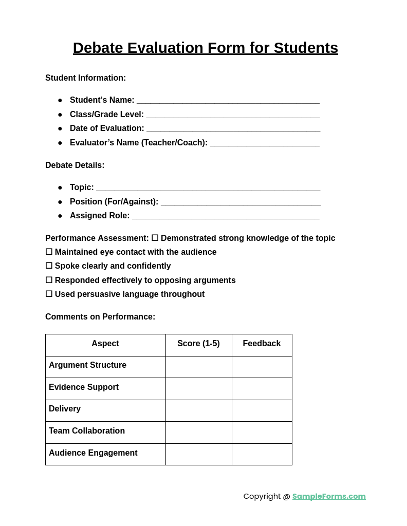 debate evaluation form for students