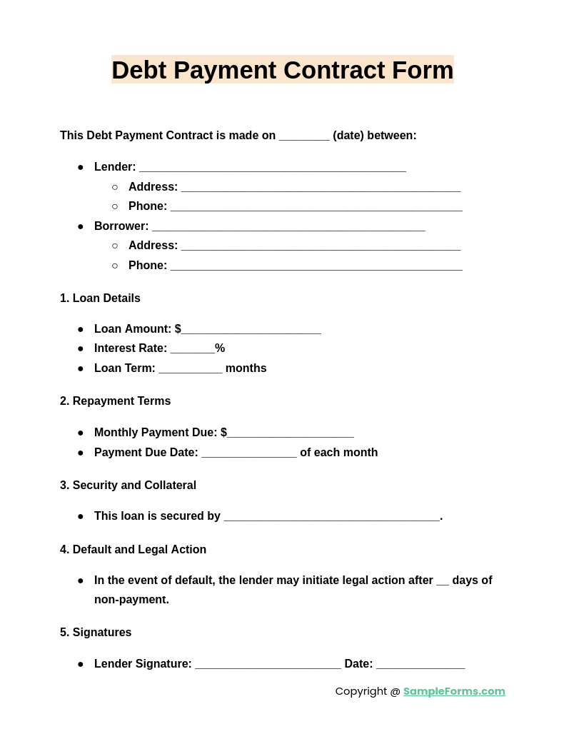 debt payment contract form