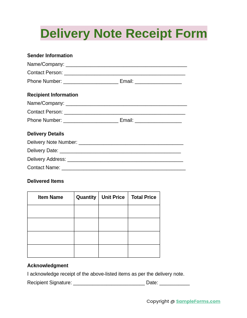 delivery note receipt form