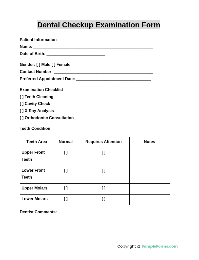 dental checkup examination form