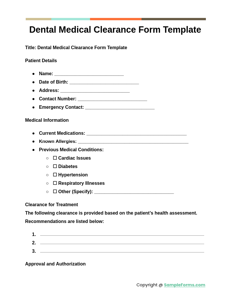 dental medical clearance form template