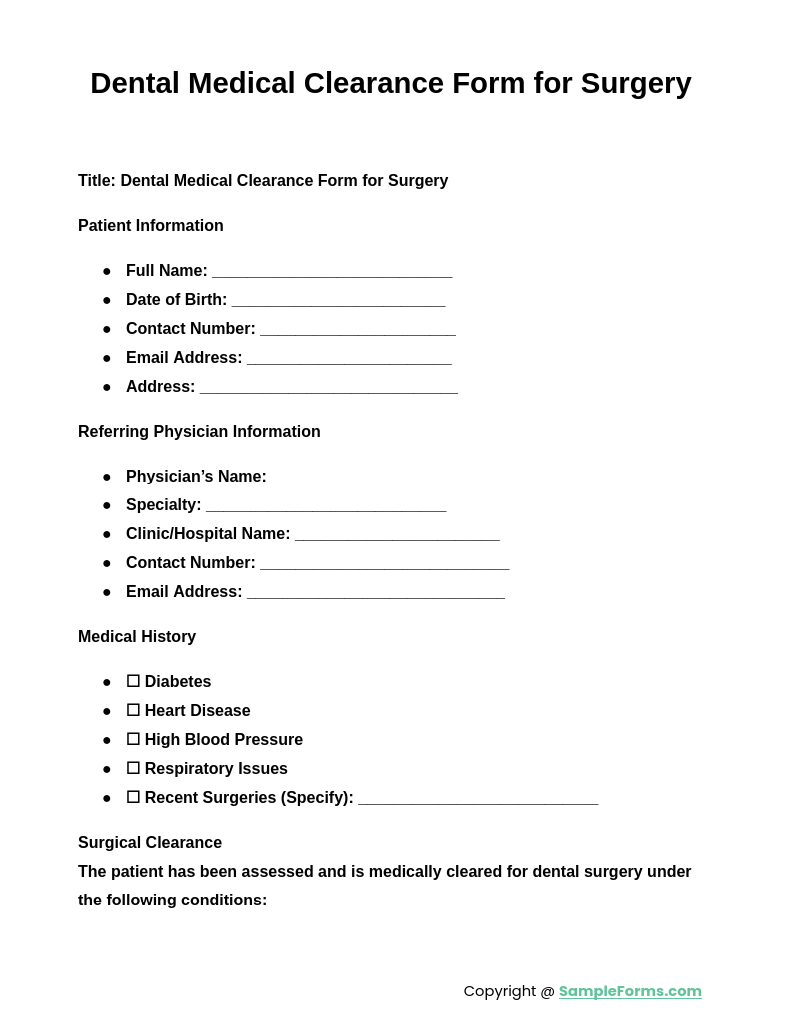 dental medical clearance form for surgery