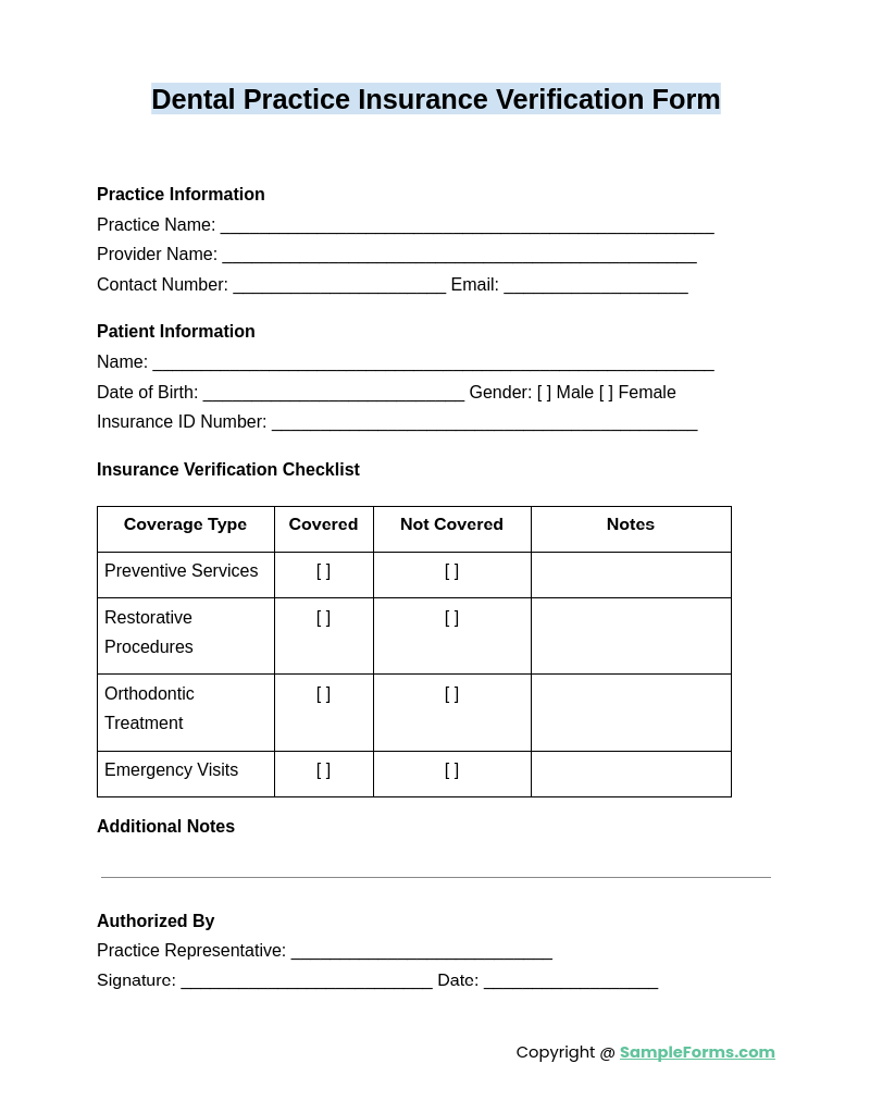 dental practice insurance verification form